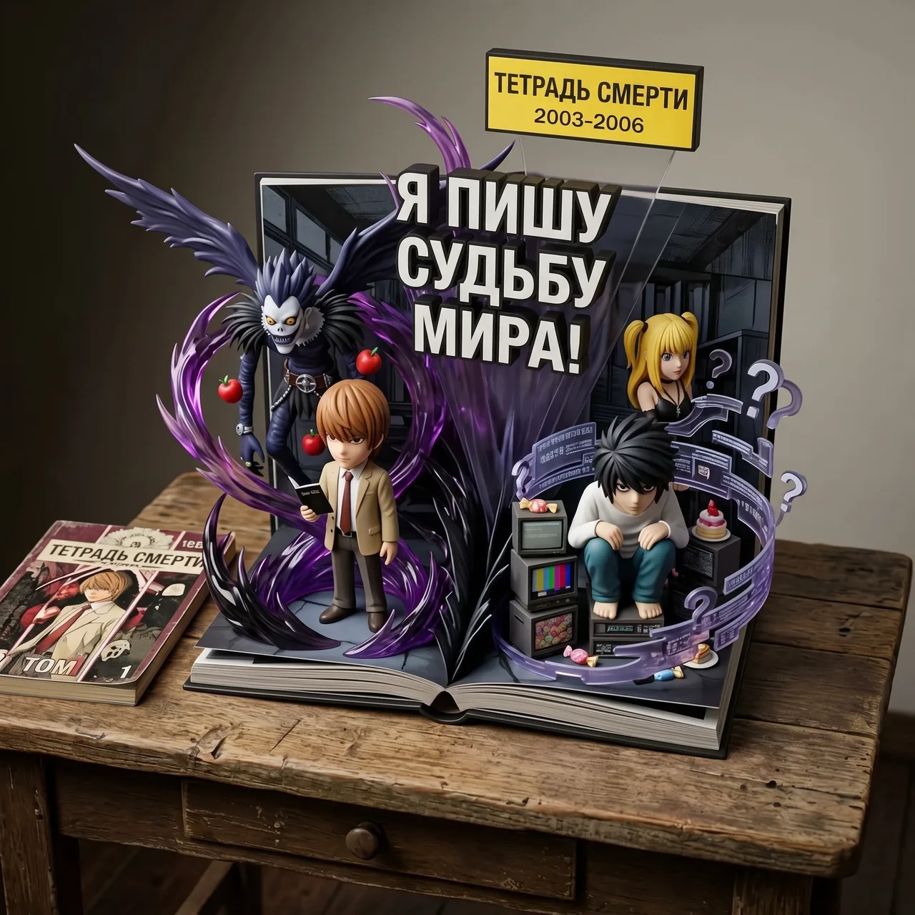 Nano Banana Pro · Объёмная раскладная книга с фигурками героев и злодеев, парящим текстом и жёлтым заголовком на фоне комиксной сцены в стиле винилового диорамы