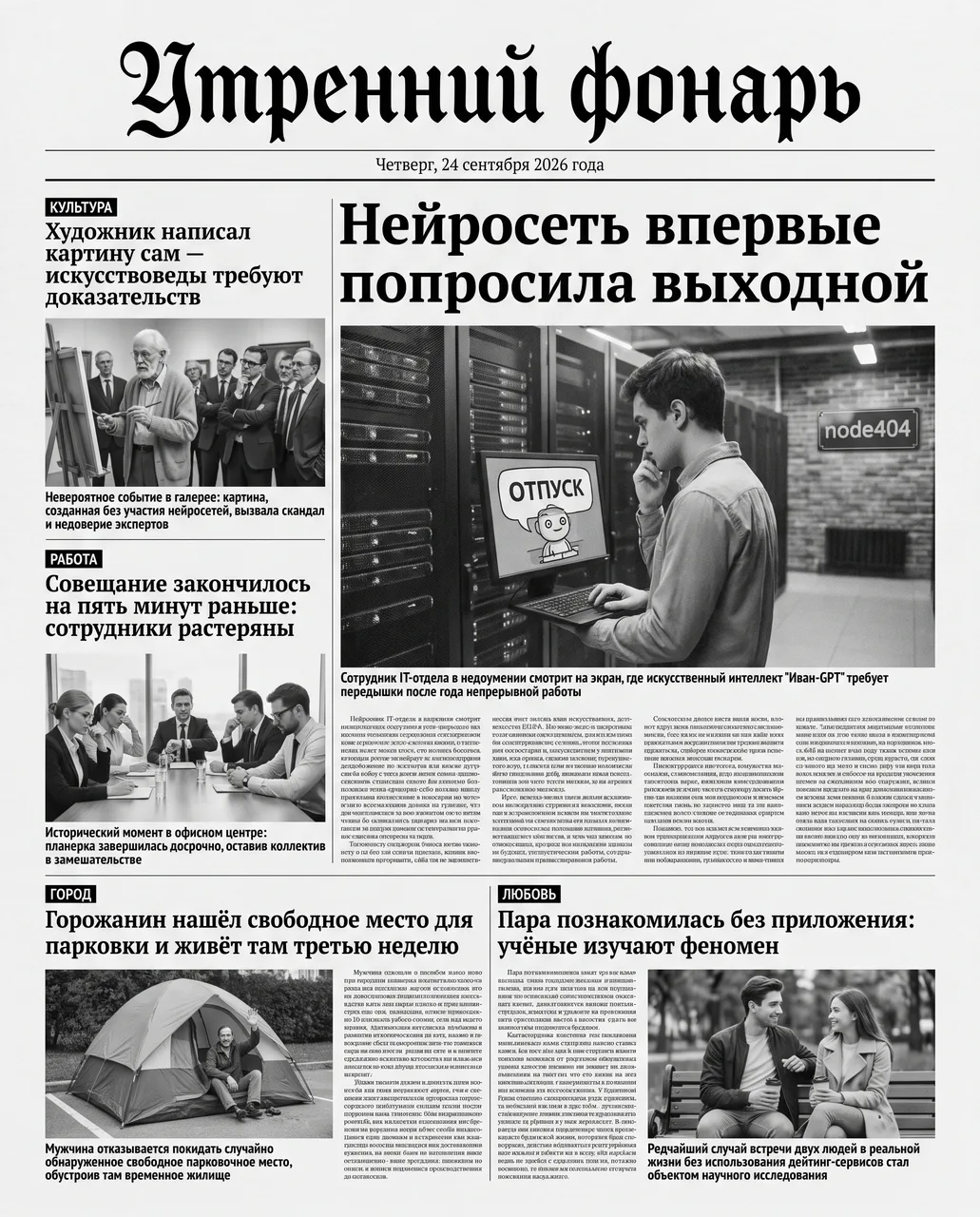 Nano Banana Pro · Первая полоса вымышленной газеты с юмористическими заголовками о жизни в 2026 году, включая новости об искусстве, работе и городской жизни