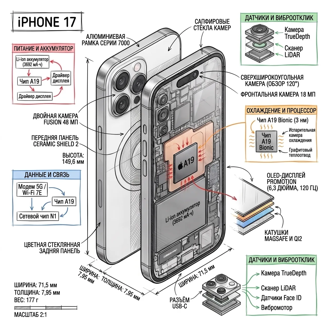 Nano Banana Pro · Смартфон iPhone 17 в изометрической проекции с прозрачными срезами, показывающими внутренние компоненты, технические аннотации и цветные стрелки потоков данных на белом фоне
